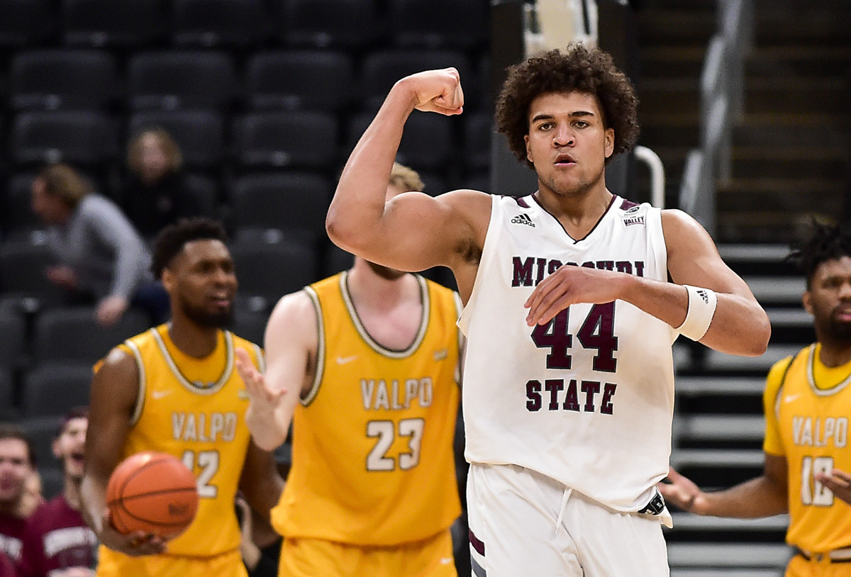 Mar 4, 2022; St. Louis, MO, USA; Missouri State Bears forward Gaige Prim (44) reacts after scoring against the Valparaiso Crusaders during the second half in the quarterfinals round of the Missouri Valley Conference Tournament at Enterprise Center.
