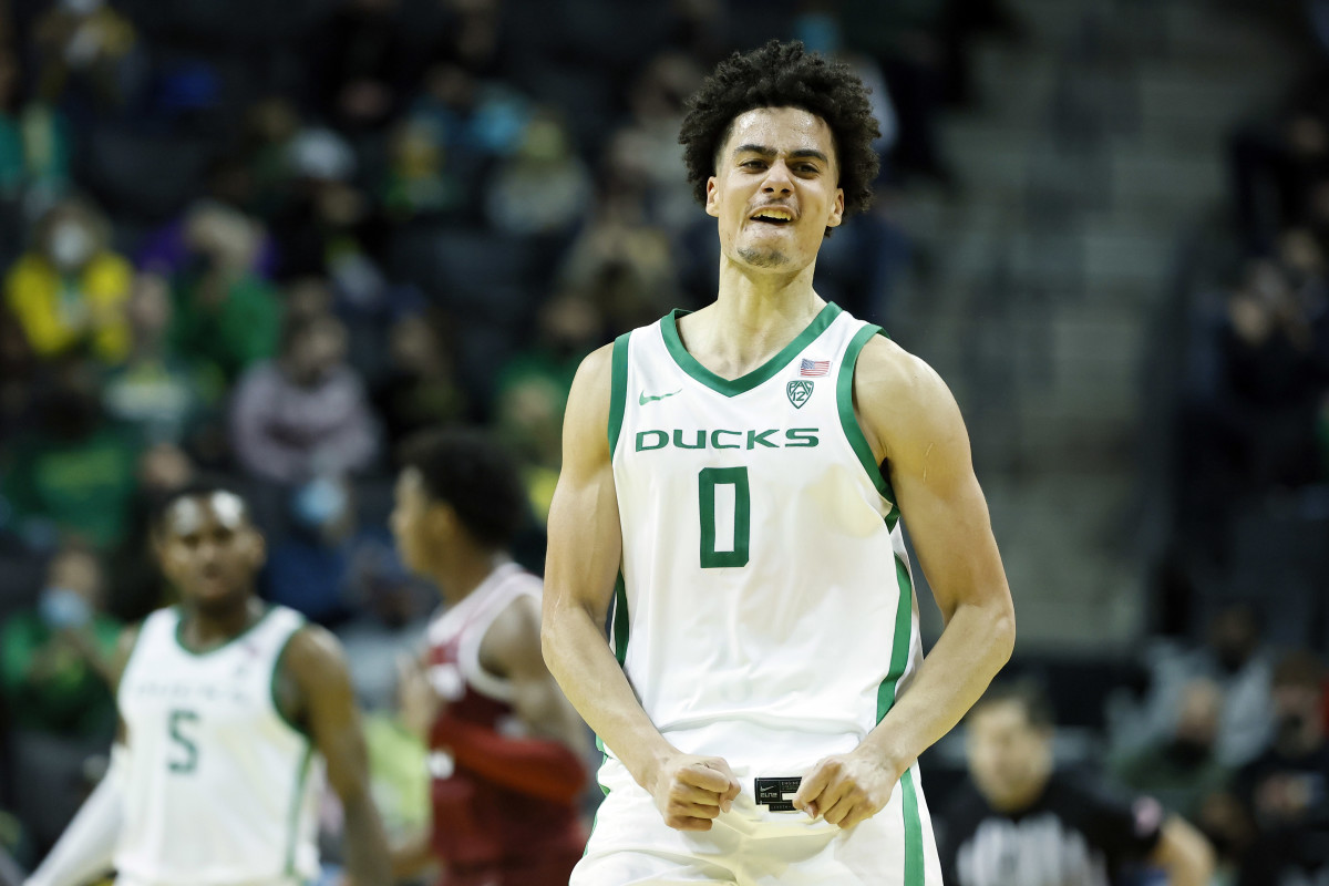 Feb 10, 2022; Eugene, Oregon, USA; Oregon Ducks guard Will Richardson (0) reacts after a three-point basket during the second half against the Stanford Cardinal at Matthew Knight Arena.