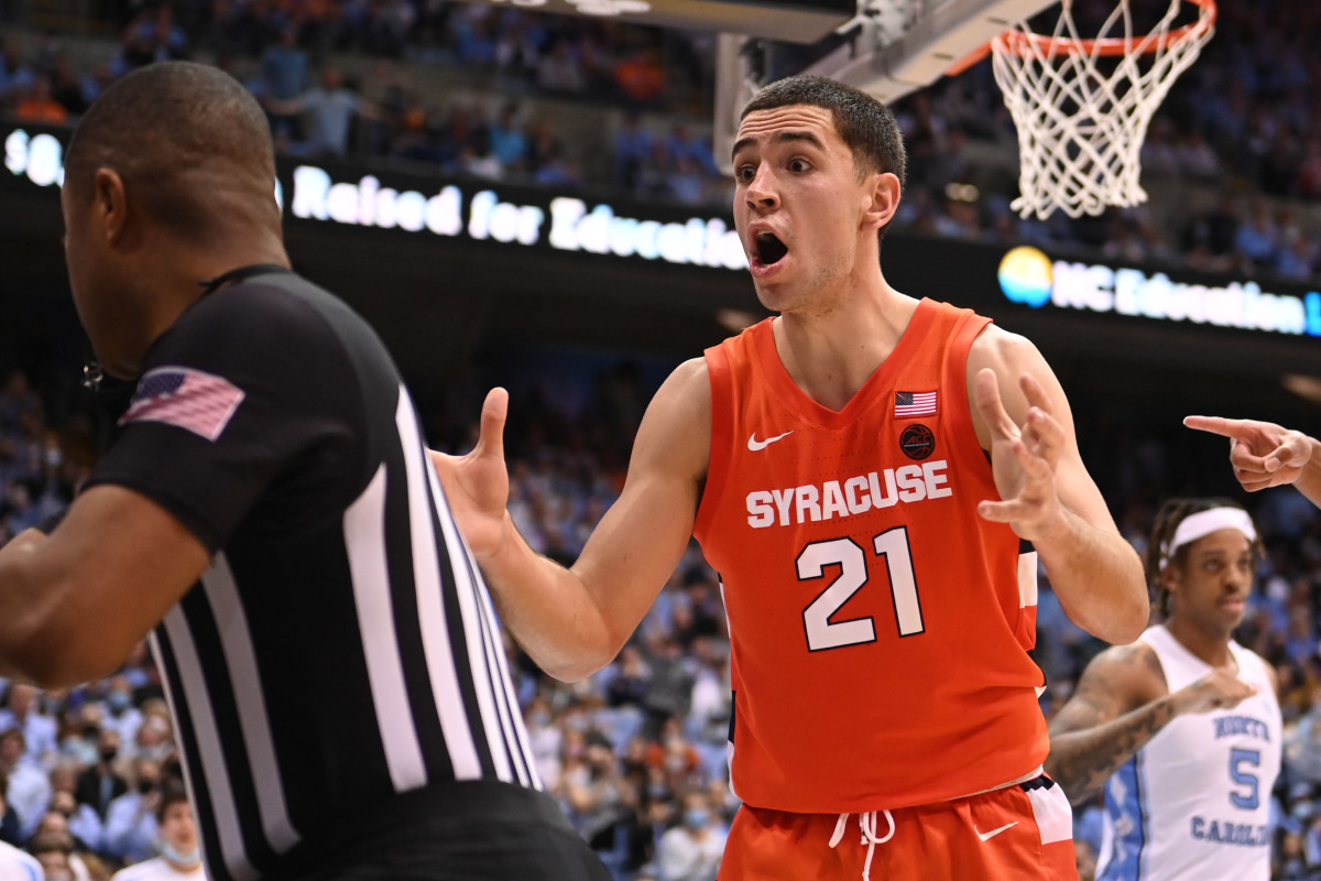 Feb 28, 2022; Chapel Hill, North Carolina, USA; Syracuse Orange forward Cole Swider (21) reacts after the official makes a call in the second half at Dean E. Smith Center.