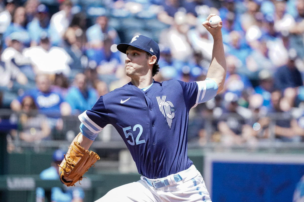 May 1, 2022; Kansas City, Missouri, USA; Kansas City Royals starting pitcher Daniel Lynch (52) delivers a pitch against the New York Yankees in the first inning at Kauffman Stadium. Mandatory Credit: Denny Medley-USA TODAY Sports