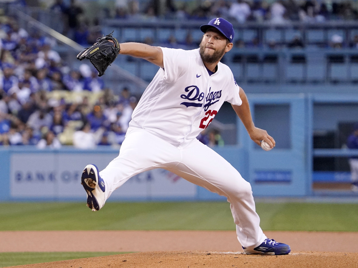 Los Angeles Dodgers starting pitcher Clayton Kershaw throws to the plate during the first inning of a baseball game against the Detroit Tigers Saturday, April 30, 2022, in Los Angeles.