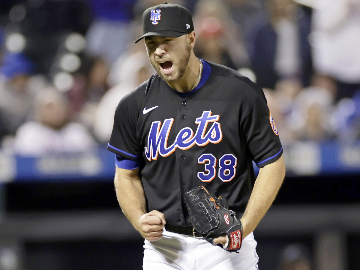 New York Mets pitcher Tylor Megill reacts after striking out Philadelphia Phillies’ Odubel Herrera to end the top of the fifth inning of a baseball game Friday, April 29, 2022, in New York.
