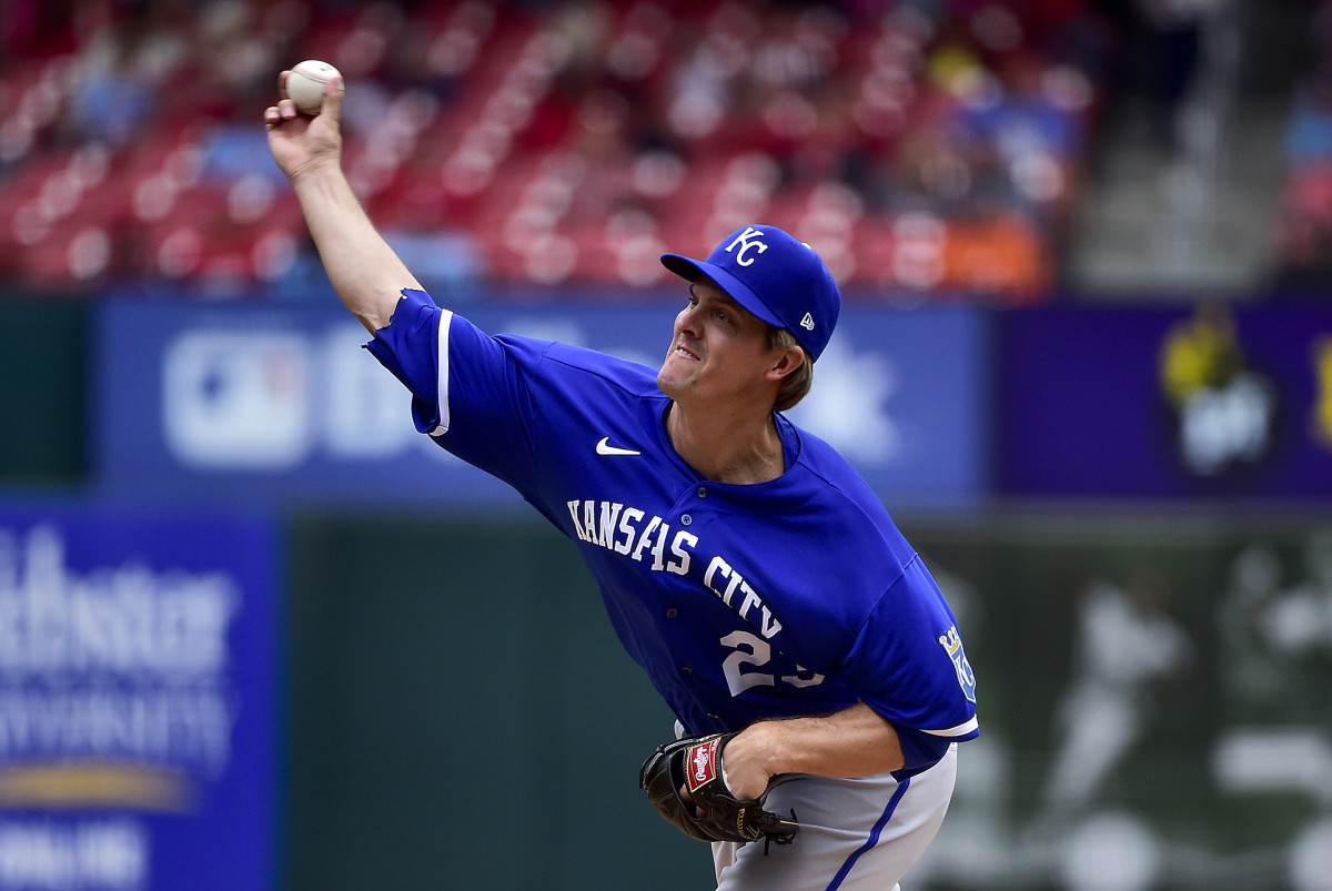 May 2, 2022; St. Louis, Missouri, USA; Kansas City Royals starting pitcher Zack Greinke (23) pitches against the St. Louis Cardinals during the first inning at Busch Stadium. Mandatory Credit: Jeff Curry-USA TODAY Sports