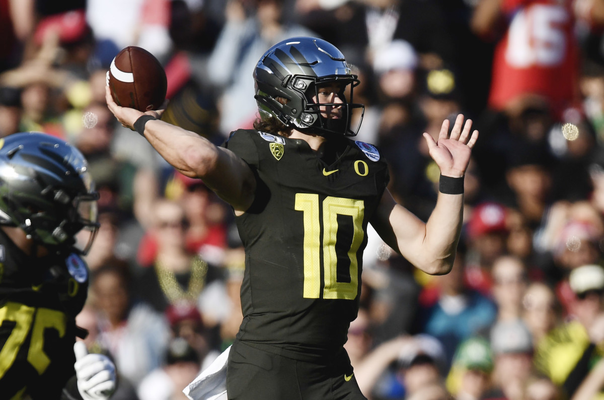 Former Oregon Ducks quarterback Justin Herbert in the 2020 Rose Bowl where he and his team won the bowl for the first time since 2012.