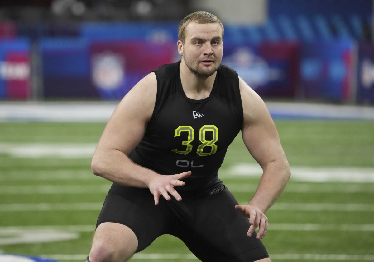 Northern Iowa offensive lineman Trevor Penning goes through drills during the 2022 NFL Scouting Combine. Mandatory Credit: Kirby Lee-USA TODAY Sports