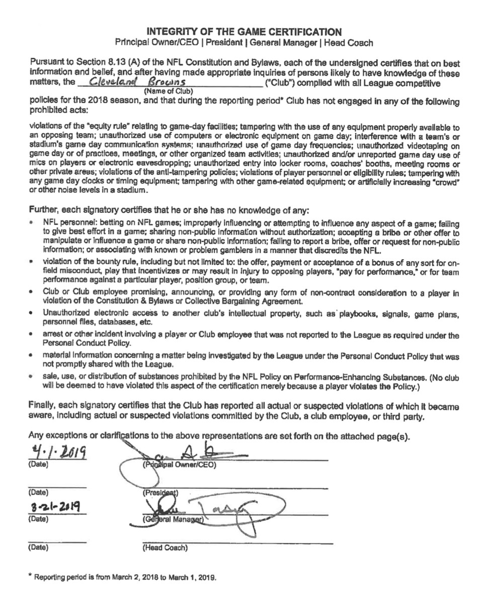 Following the 2018 season, Jackson refused to sign this standard NFL form, certifying that the Browns complied with all of the league's competitive policies that year.