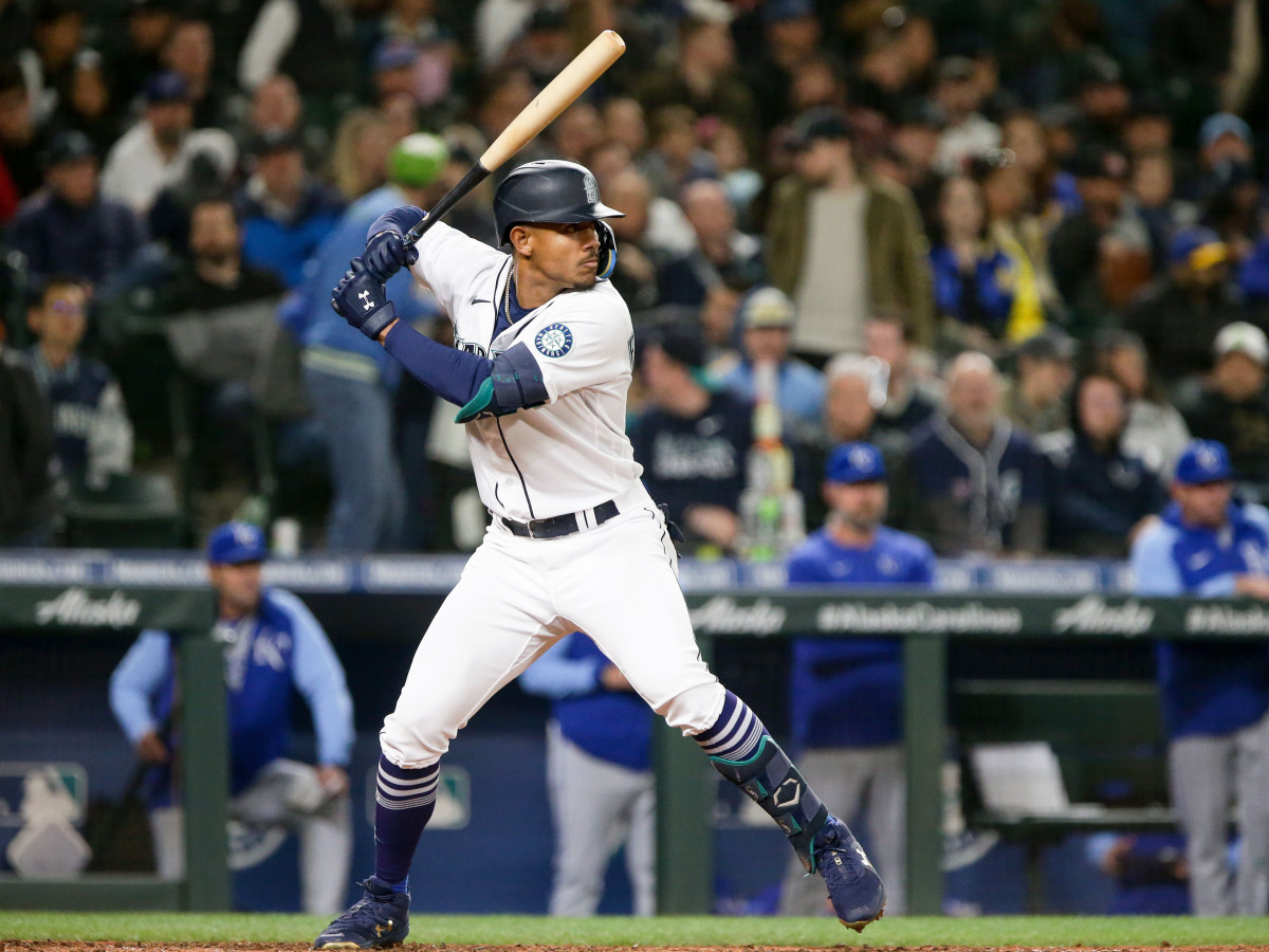 Apr 23, 2022; Seattle, Washington, USA;  Seattle Mariners center fielder Julio Rodriguez (44) during the seventh inning against the Kansas City Royals at T-Mobile Park.