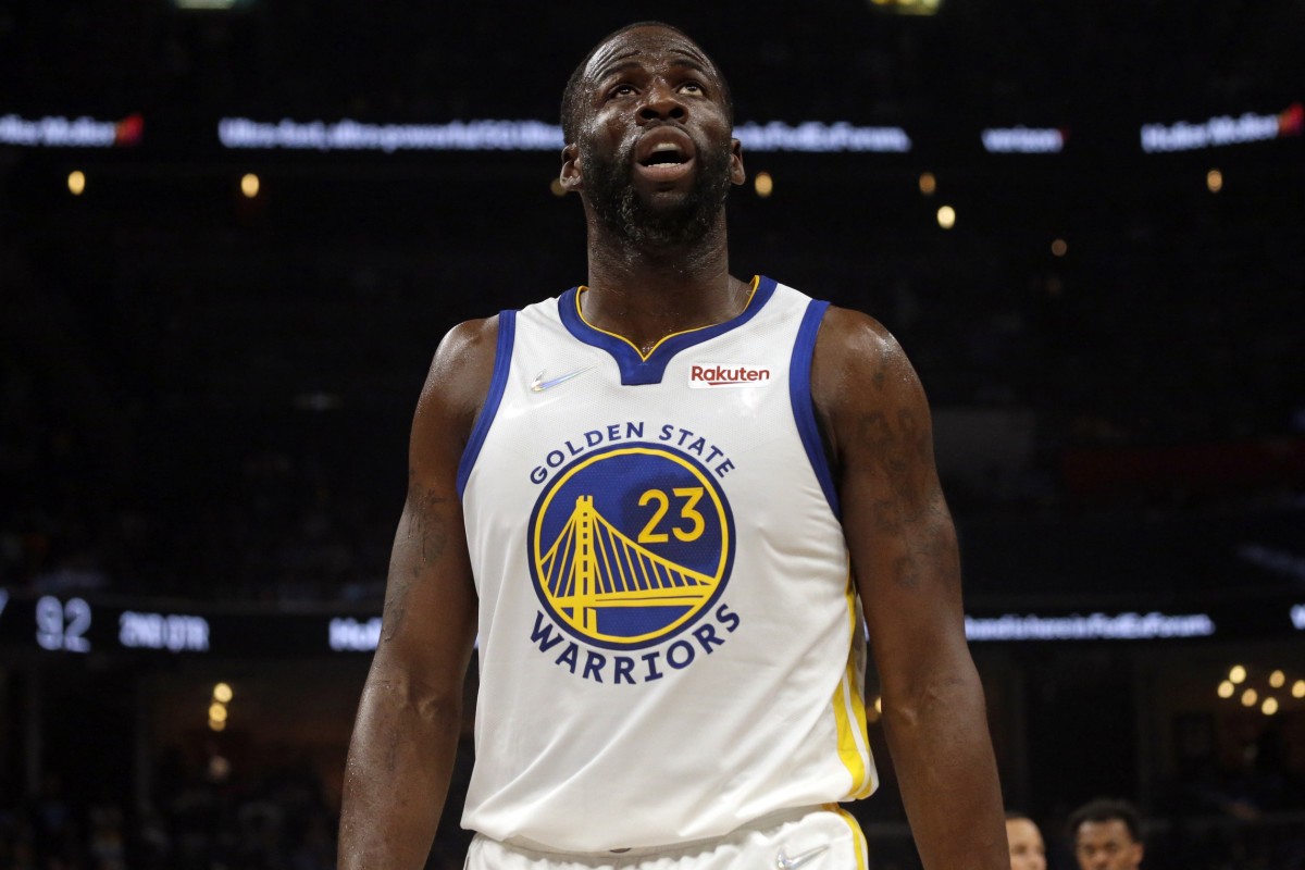 May 3, 2022; Memphis, Tennessee, USA; Golden State Warriors forward Draymond Green (23) looks up at the Jumbotron after a foul call during the first half in game two of the second round for the 2022 NBA playoffs against the Memphis Grizzlies at FedExForum. Mandatory Credit: Petre Thomas-USA TODAY Sports