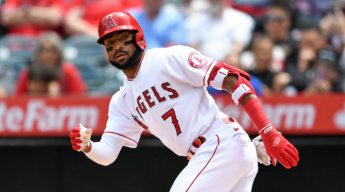 Jo Adell #7 of the Los Angeles Angels runs to first base during the second inning against the Cleveland Guardians at Angels Stadium on April 28, 2022 in Anaheim, California.