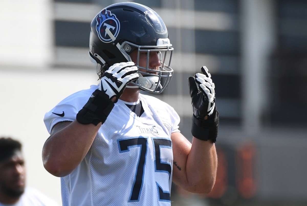 Tennessee Titans offensive tackle Dillon Radunz (75) before individual drills during training camp at Saint Thomas Sports Park.