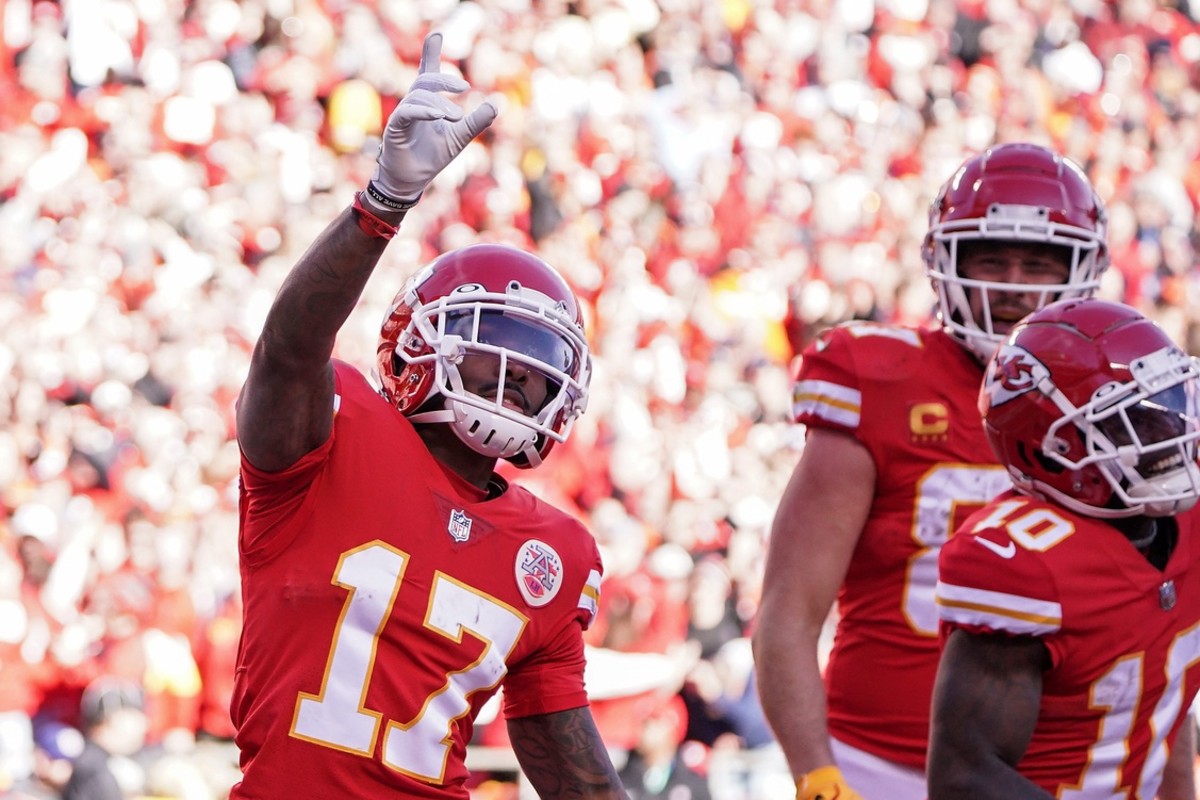Jan 30, 2022; Kansas City, Missouri, USA; Kansas City Chiefs wide receiver Mecole Hardman (17) reacts after a touchdown against the Cincinnati Bengals during the second quarter of the AFC Championship Game at GEHA Field at Arrowhead Stadium. Mandatory Credit: Denny Medley-USA TODAY Sports