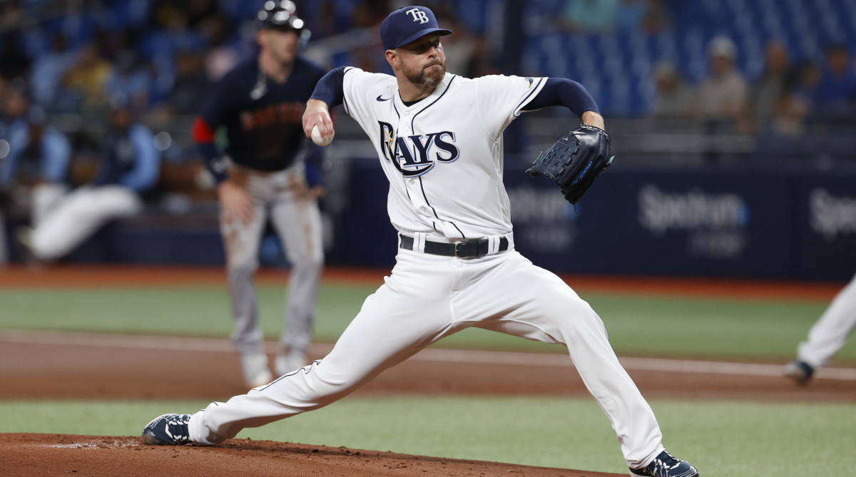 Tampa Bay Rays starting pitcher Corey Kluber works from the mound against the Boston Red Sox during the first inning of a baseball game Friday, April, 22, 2022, in St. Petersburg, Fla.
