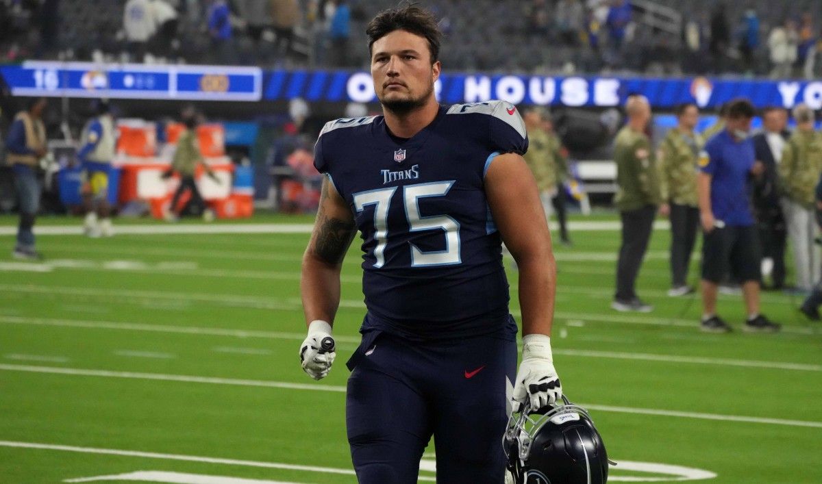 Tennessee Titans offensive tackle Dillon Radunz (75) reacts after the game against the Los Angeles Rams] at SoFi Stadium. The Titans defeated the Rams 28-16.