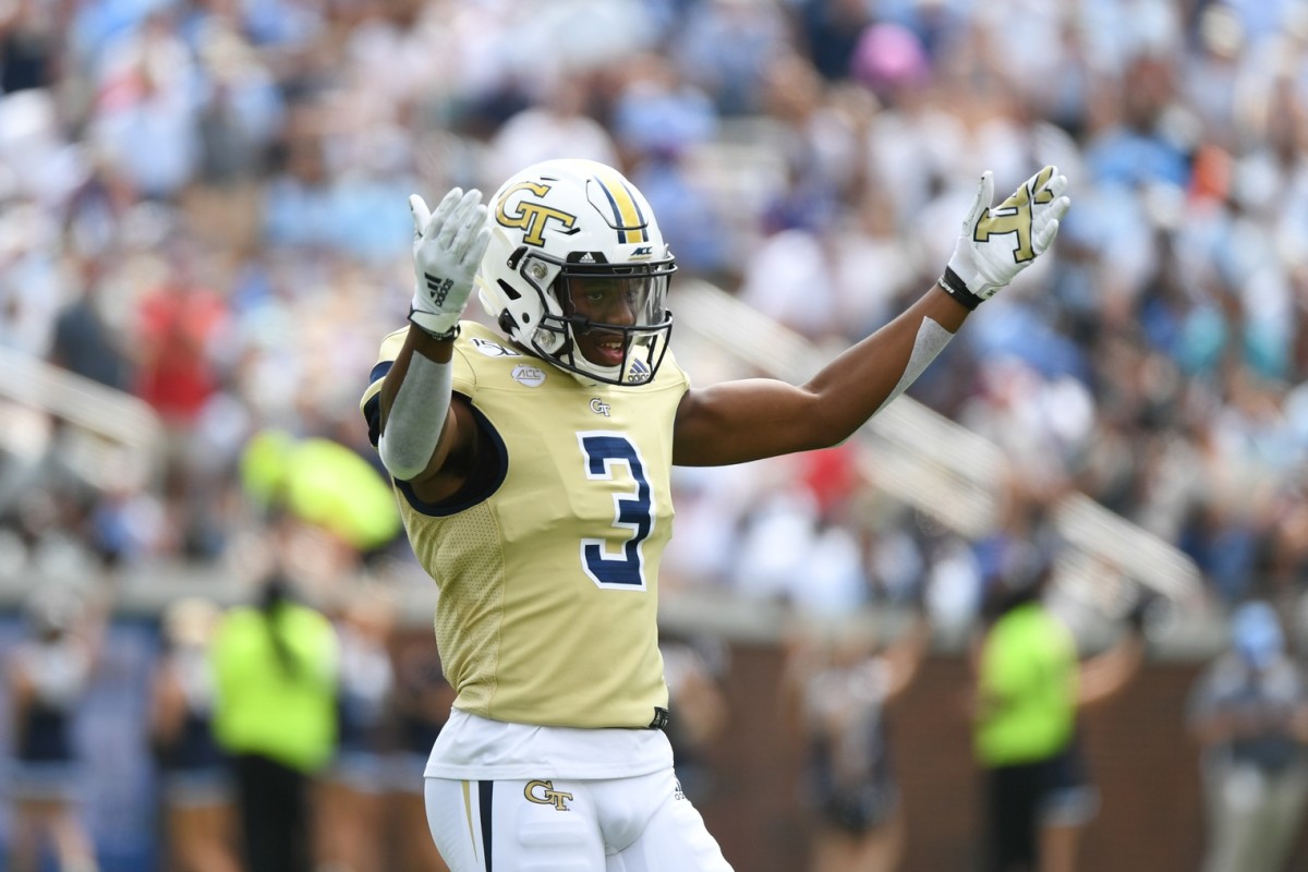 Georgia Tech Yellow Jackets defensive back Tre Swilling (3) reacts on the field against the Citadel Bulldogs at Bobby Dodd Stadium.