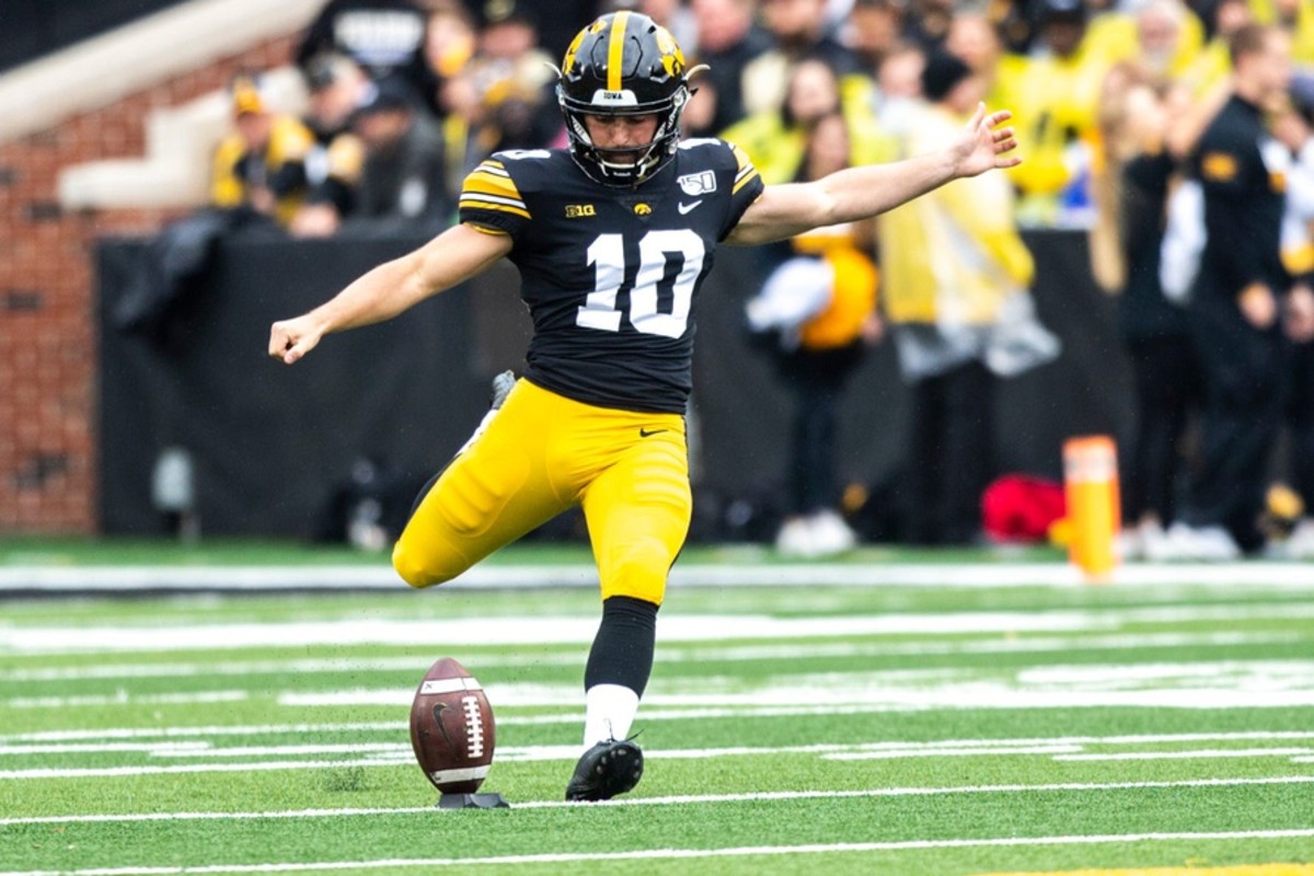 Iowa placekicker Caleb Shudak (10) kicks off during a NCAA Big Ten Conference football game between the Iowa Hawkeyes and Purdue, Saturday, Oct., 19, 2019, at Kinnick Stadium in Iowa City, Iowa.