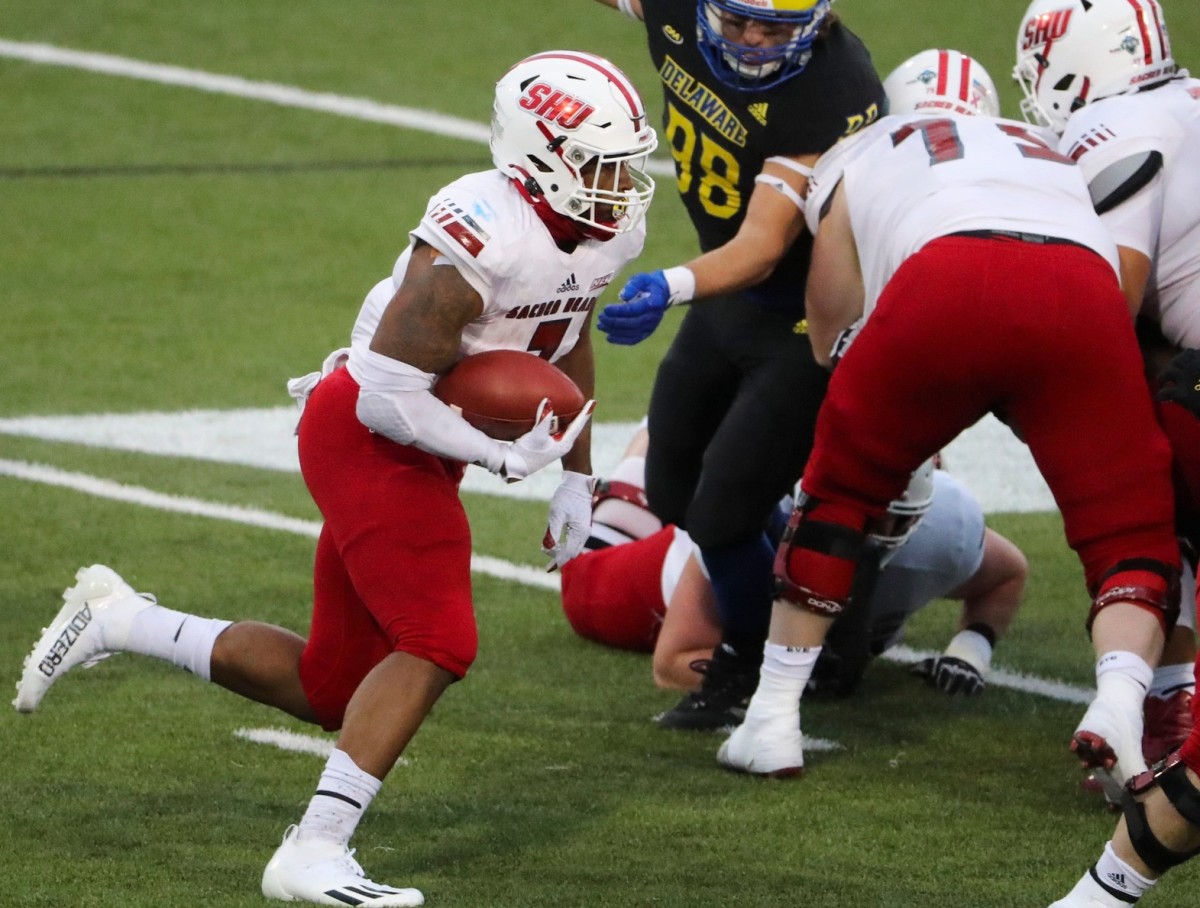 Delaware defensive lineman Nick Coomer (98) moves for Sacred Heart's Julius Chestnut in the first quarter at Delaware Stadium in the opening round of the NCAA FCS tournament, Saturday April 24, 2021.