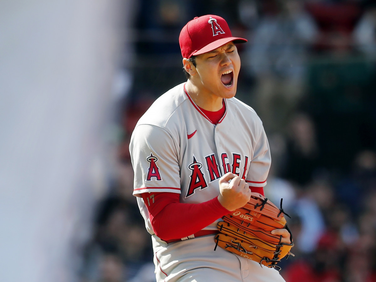 Los Angeles Angels’ Shohei Ohtani reacts after striking out Boston Red Sox’s Trevor Story during the seventh inning of a baseball game, Thursday, May 5, 2022, in Boston.