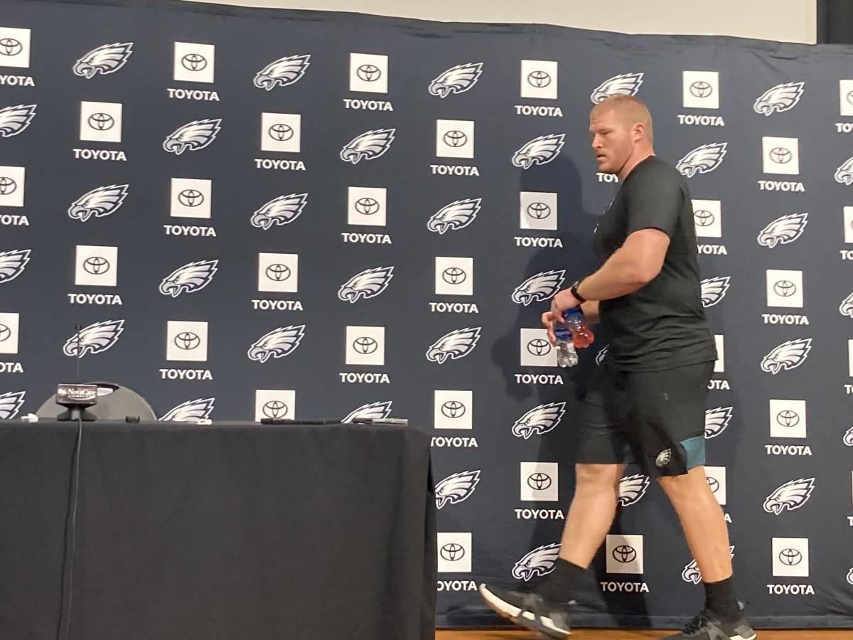 Cam Jurgens arrives for his press conference during Eagles rookie camp on May 6, 2022