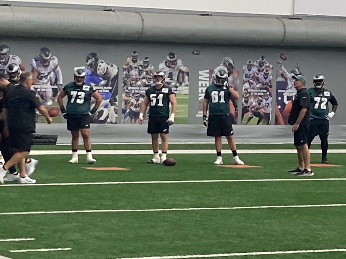 Cam Jurgens (center) with William Dunkle (73), Josh Sills (61) and Kayode Awosika (72) during rookie camp