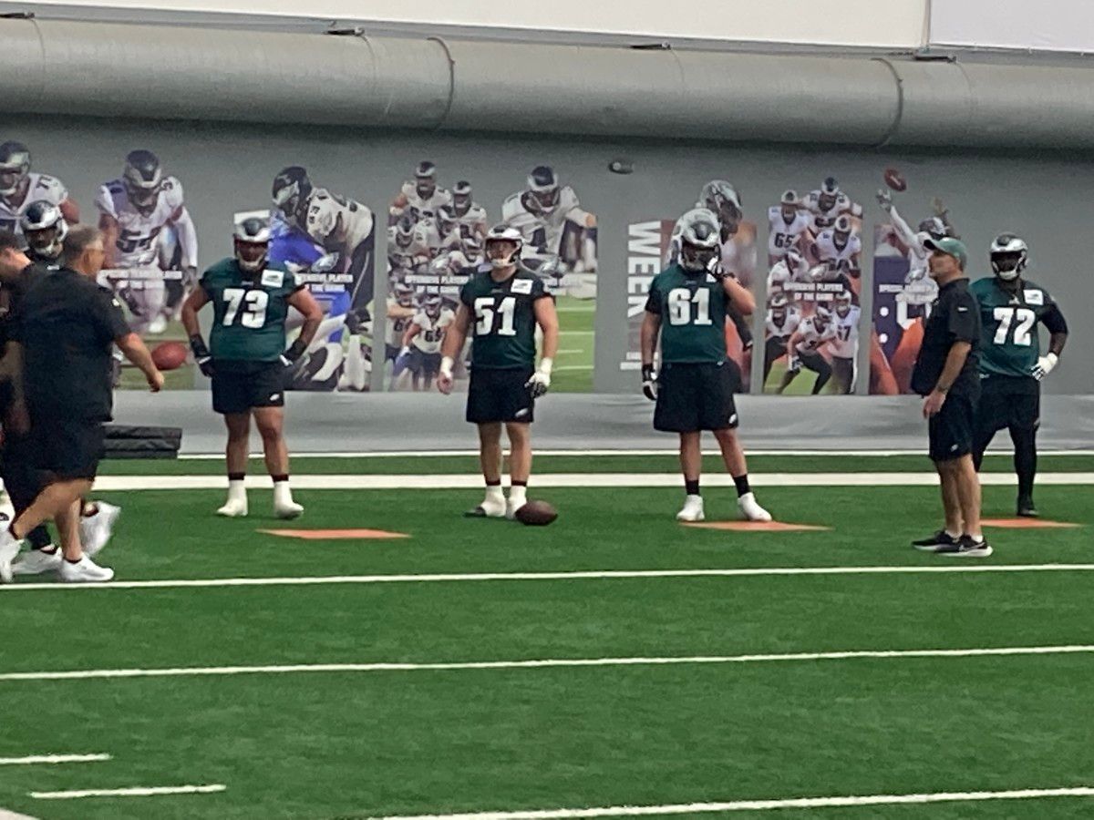 Cam Jurgens (center) with William Dunkle (73), Josh Sills (61) and Kayode Awosika (72) during rookie camp