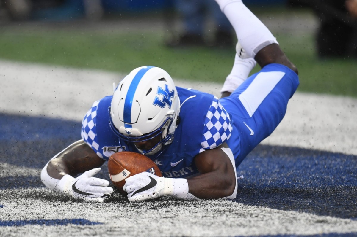 UK FS Yusuf Corker dives on the ball in the end zone for a touchdown during the University of Kentucky football game against UT Martin at Kroger Field in Lexington, Kentucky on Saturday, November 23, 2019.