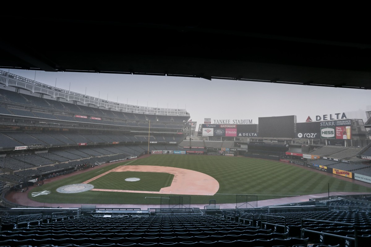 Jul 8, 2020; Bronx, New York, United States; A general view of the Yankee Stadium during a rain storm during summer workouts at Yankee Stadium. Mandatory Credit: Vincent Carchietta-USA TODAY Sports