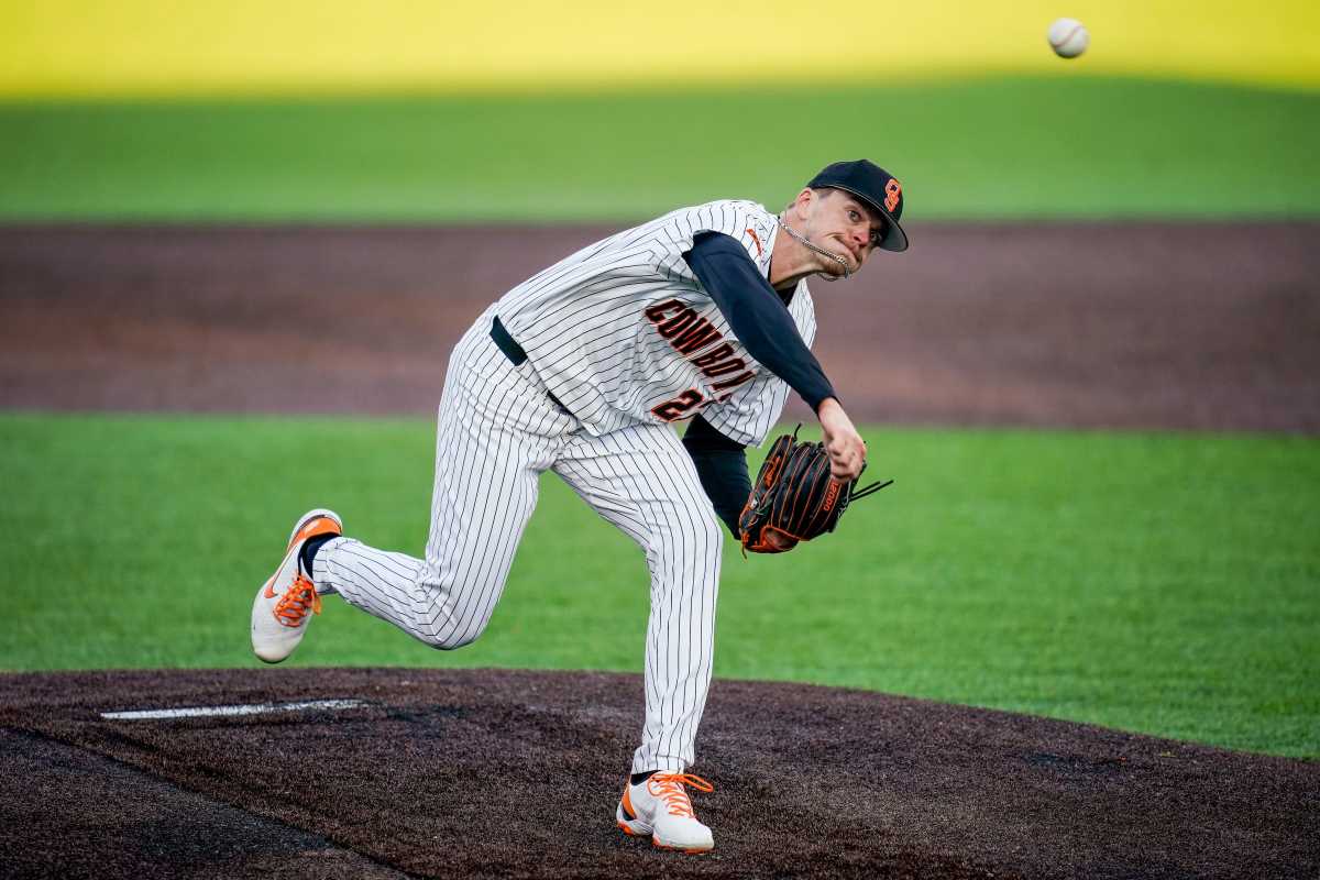 Oklahoma State pitcher Justin Campbell (27) throws a pitch during the first inning at Hawkins Field in Nashville, Tenn., Friday, Feb. 18, 2022. Vandy Os Bb 021822 An 005