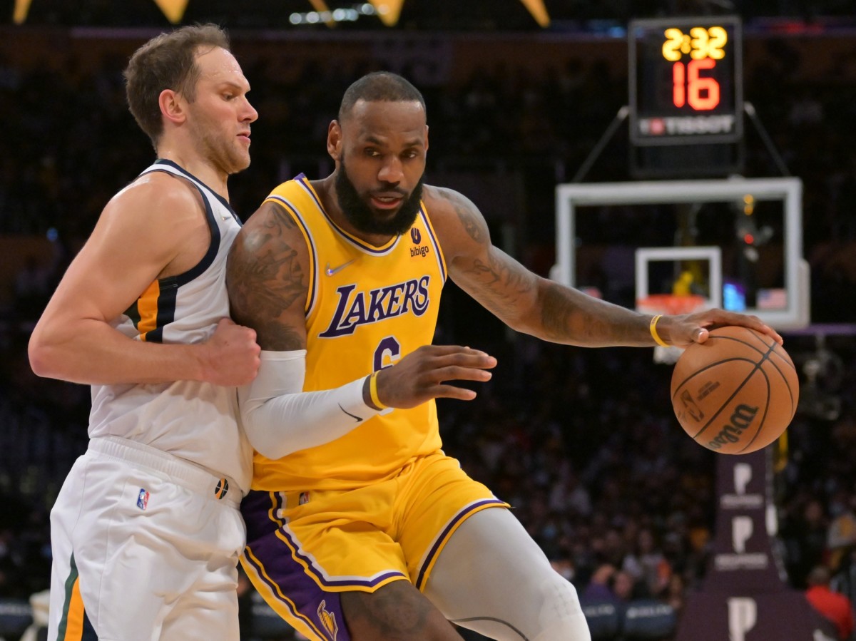 Utah Jazz forward Bojan Bogdanovic (44) guards Los Angeles Lakers forward LeBron James (6) in the first half of the game at Crypto.com Arena.