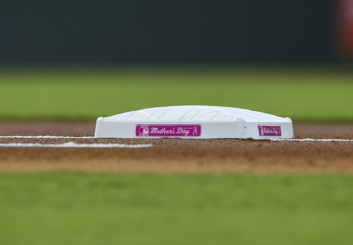 May 13, 2018; Houston, TX, USA; Detail view of first base commemorating mothers day before a game between the Houston Astros and the Texas Rangers at Minute Maid Park.