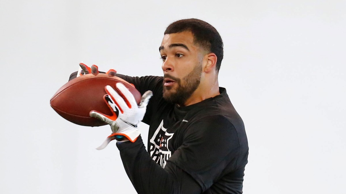 Tre Sterling catches a pass at Oklahoma State's pro day. (Sarah Phipps/USA Today Sports)