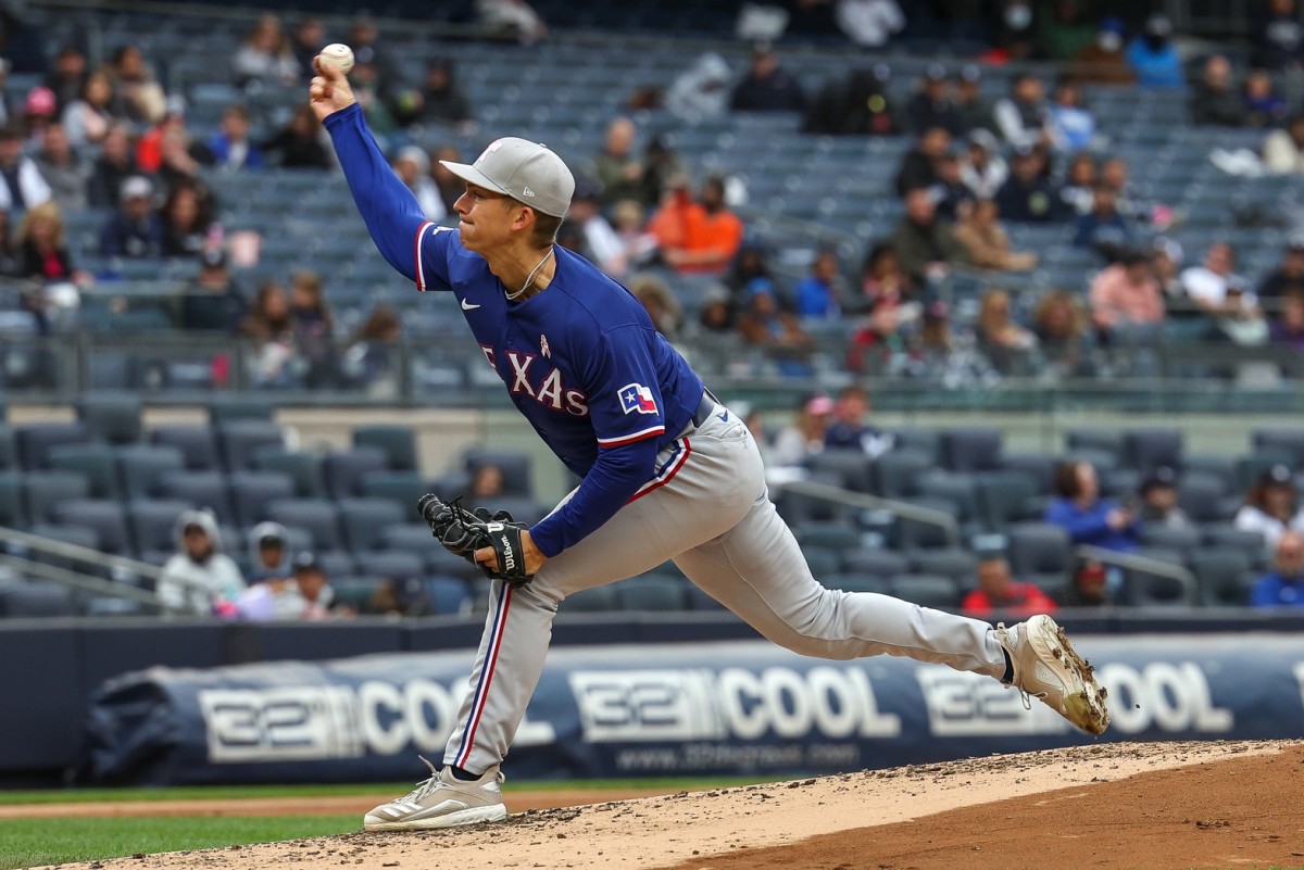May 8, 2022; Bronx, New York, USA; Texas Rangers starting pitcher Glenn Otto (49) delivers a pitch during the second inning against the New York Yankees at Yankee Stadium.