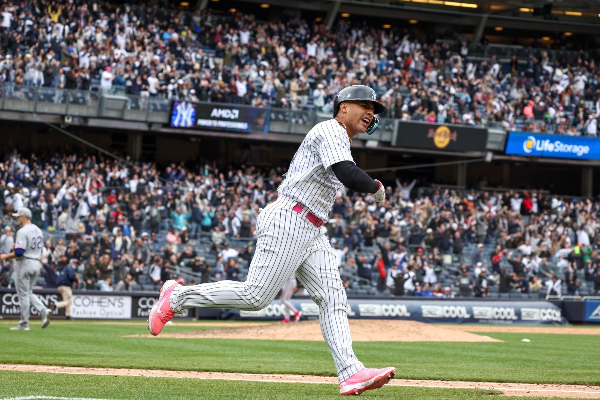 May 8, 2022; Bronx, New York, USA; New York Yankees second baseman Gleyber Torres (25) reacts while running the bases after hitting a walk-off solo home run during the bottom of the ninth inning against the Texas Rangers at Yankee Stadium.