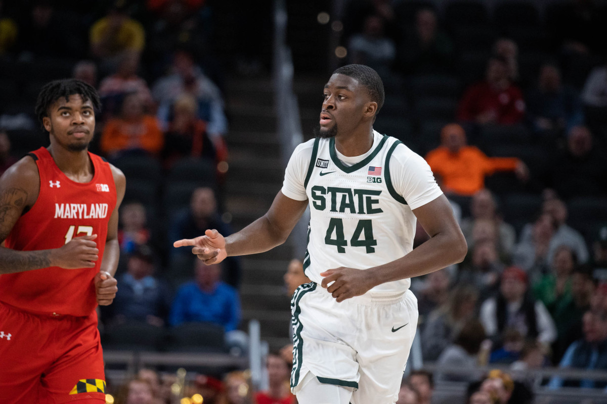 Michigan State Spartans forward Gabe Brown (44) reacts to a made basket in the first half against the Maryland Terrapins at Gainbridge Fieldhouse.