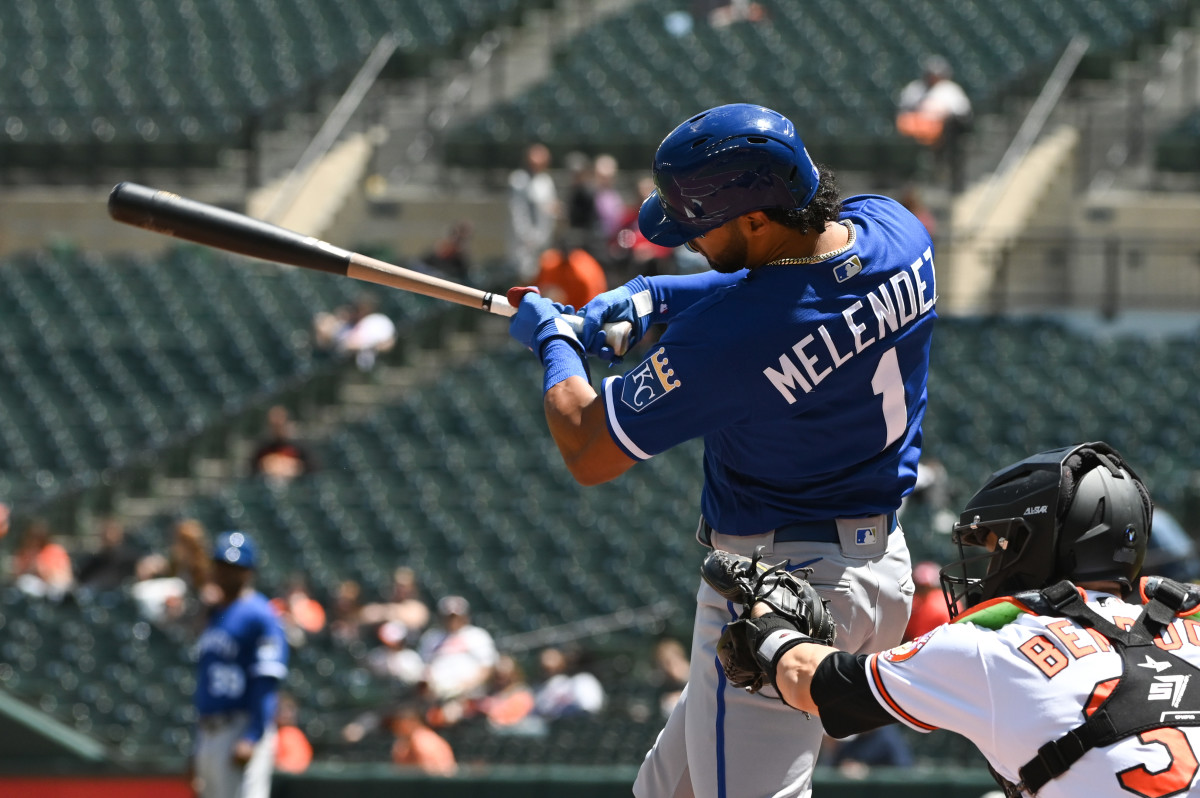 May 9, 2022; Baltimore, Maryland, USA; Kansas City Royals catcher MJ Melendez (1) singles during the second inning against the Baltimore Orioles at Oriole Park at Camden Yards. Mandatory Credit: Tommy Gilligan-USA TODAY Sports