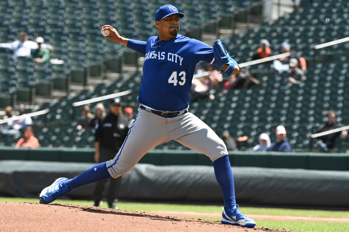May 9, 2022; Baltimore, Maryland, USA; Kansas City Royals relief pitcher Carlos Hernandez (43) delivers a first inning pitch against the Baltimore Orioles at Oriole Park at Camden Yards. Mandatory Credit: Tommy Gilligan-USA TODAY Sports