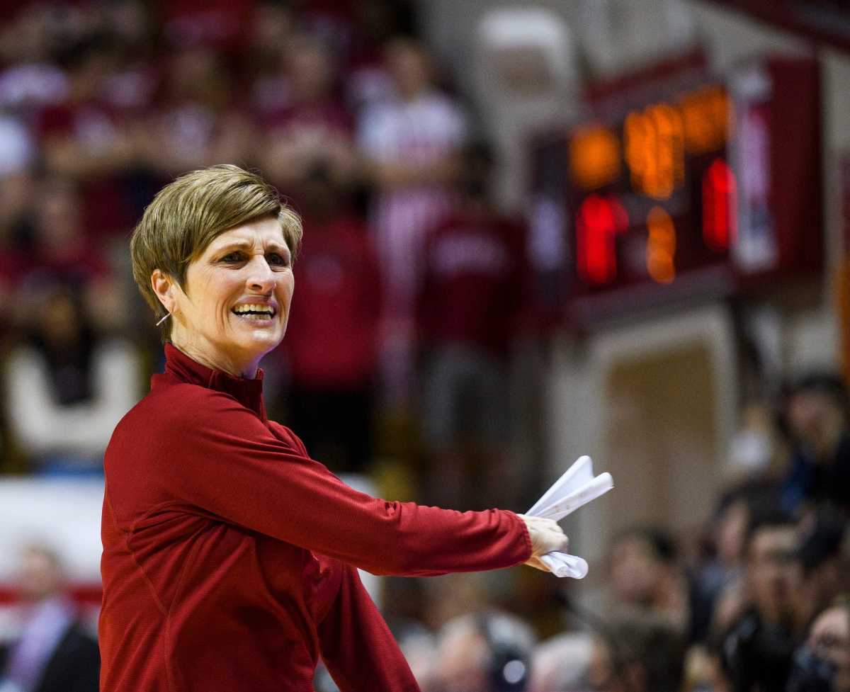 Indiana women's basketball head coach Teri Moren coaches from the sidelines.