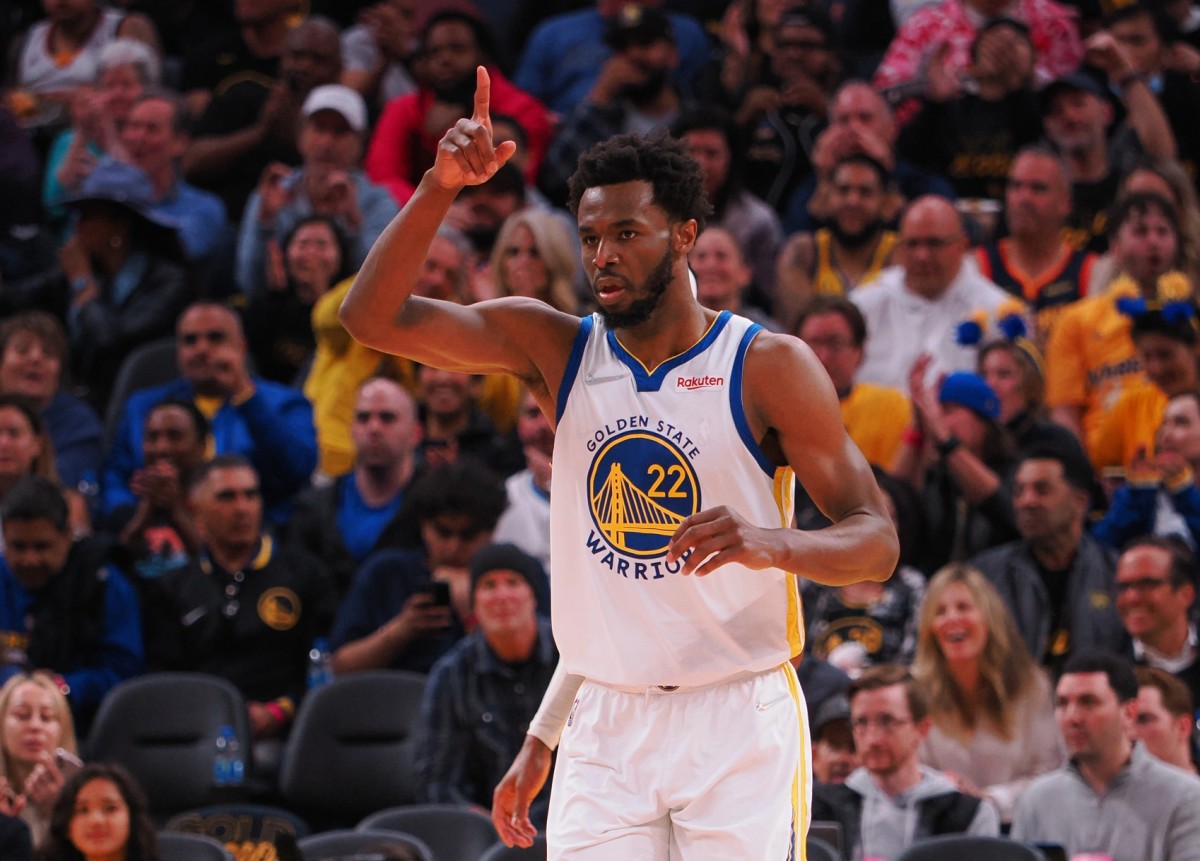 Golden State Warriors forward Andrew Wiggins (22) gestures after a basket against the Denver Nuggets during the third quarter of game two of the first round for the 2022 NBA playoffs at Chase Center.