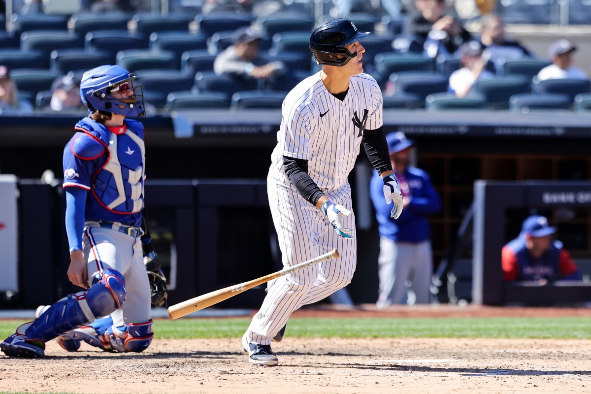 May 9, 2022; Bronx, New York, USA; New York Yankees first baseman Anthony Rizzo drops the bat after a hit to drive in a run during the eighth inning of a baseball game against the Texas Rangers at Yankee Stadium.
