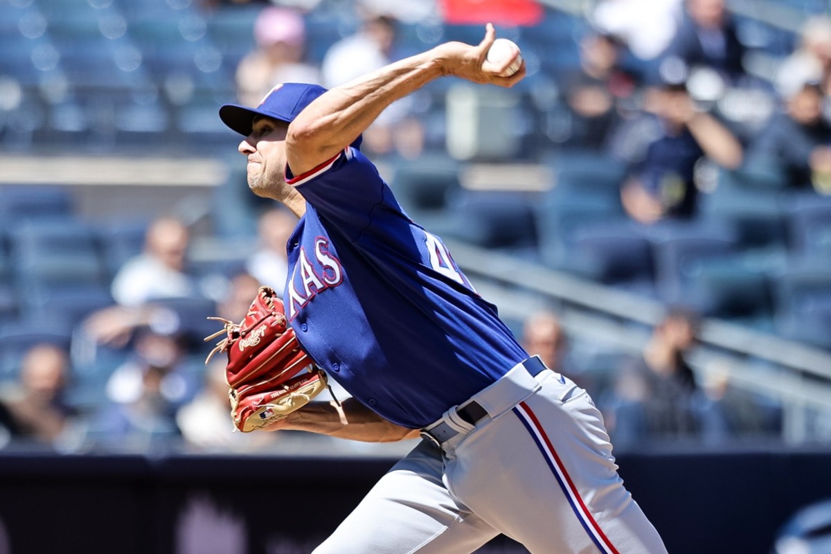 May 9, 2022; Bronx, New York, USA; Texas Rangers pitcher Brock Burke deals during the fifth inning of a baseball game against the New York Yankees at Yankee Stadium.
