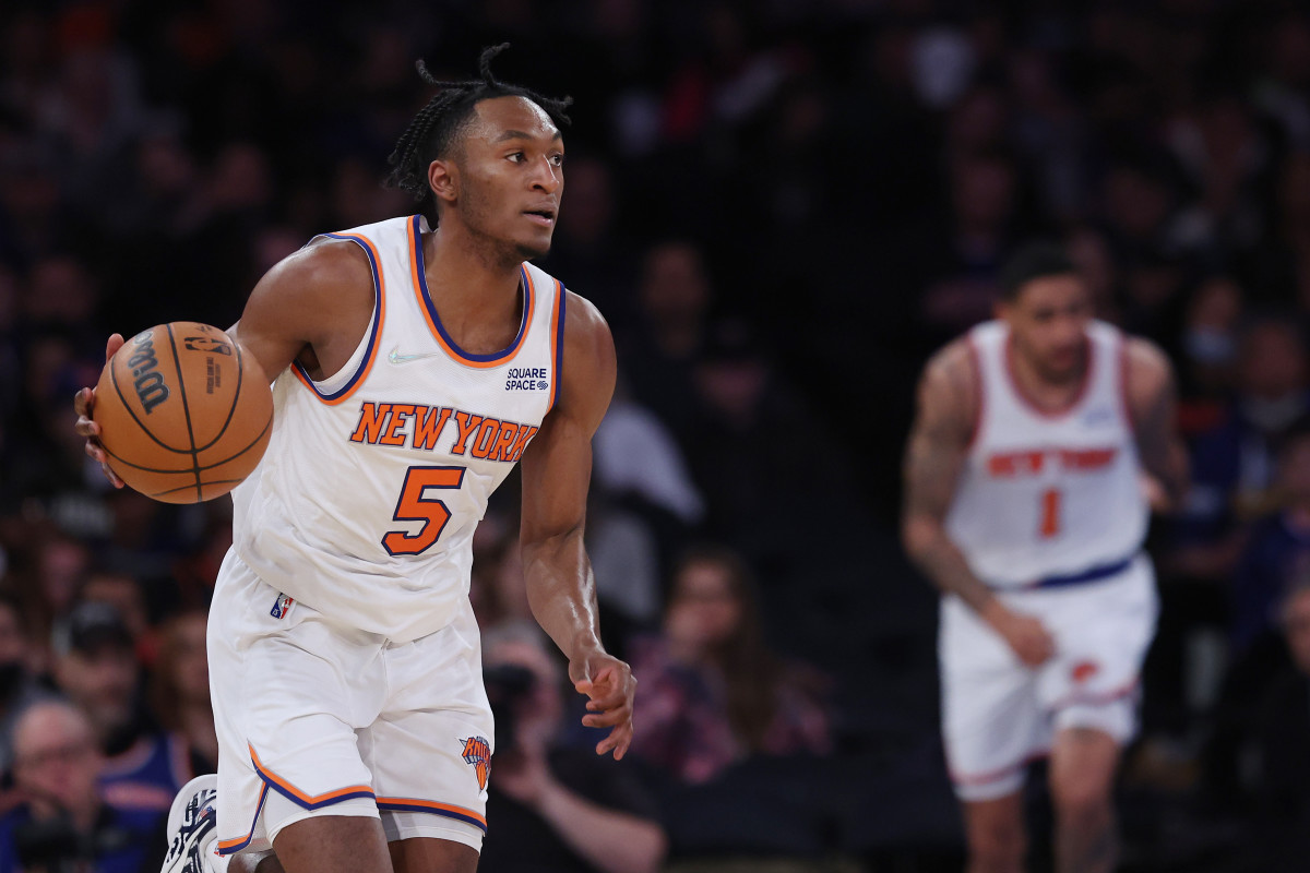 Apr 10, 2022; New York, New York, USA; New York Knicks guard Immanuel Quickley (5) dribbles up court during the second half against the Toronto Raptors at Madison Square Garden. Mandatory Credit: Vincent Carchietta-USA TODAY Sports