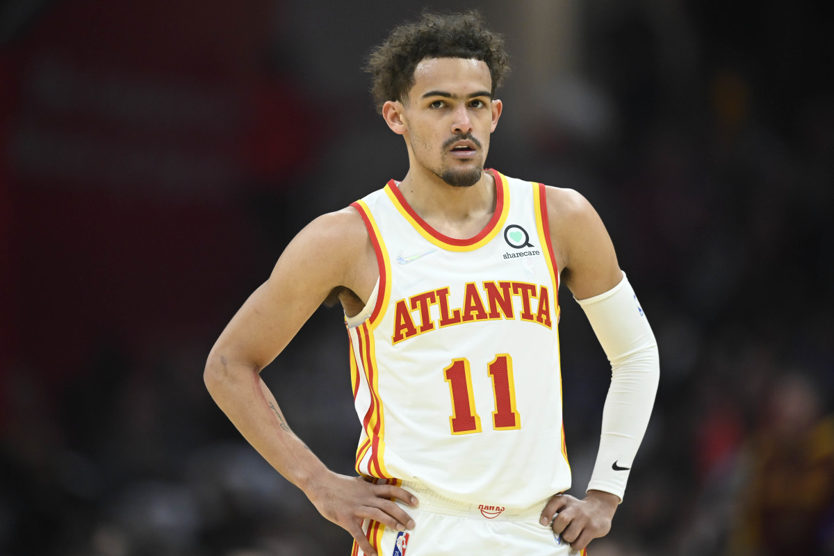 Apr 15, 2022; Cleveland, Ohio, USA; Atlanta Hawks guard Trae Young (11) reacts in the second quarter against the Cleveland Cavaliers at Rocket Mortgage FieldHouse. Mandatory Credit: David Richard-USA TODAY Sports