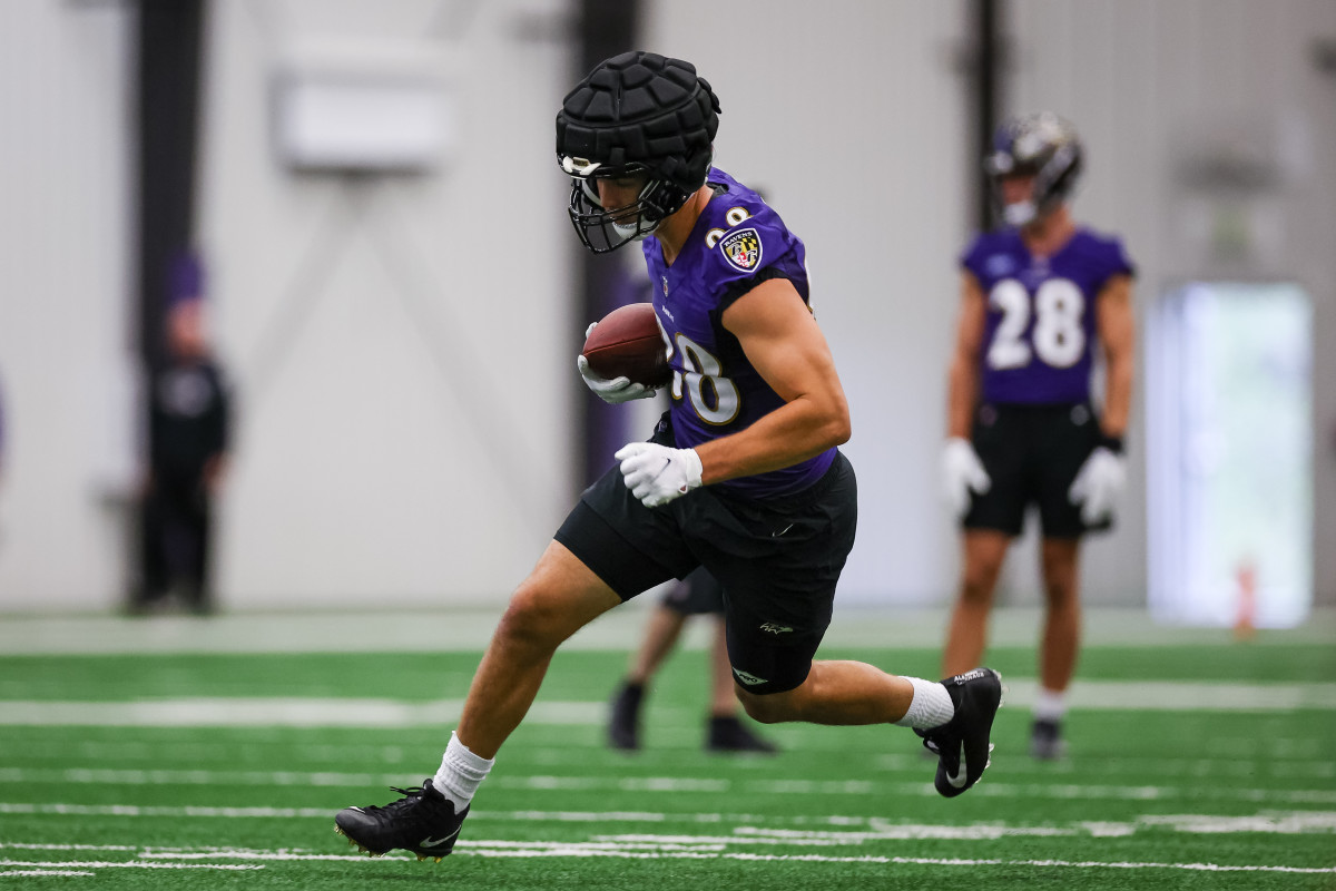 Isaiah Likely catches a pass during the Ravens recent rookie camp. 