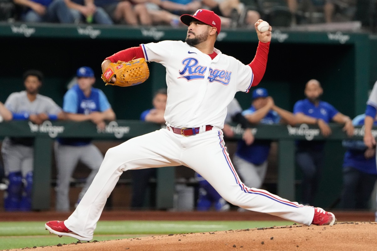 May 10, 2022; Arlington, Texas, USA; Texas Rangers starting pitcher Martin Perez (54) delivers a pitch to the Kansas City Royals during the first inning of a baseball game at Globe Life Field.
