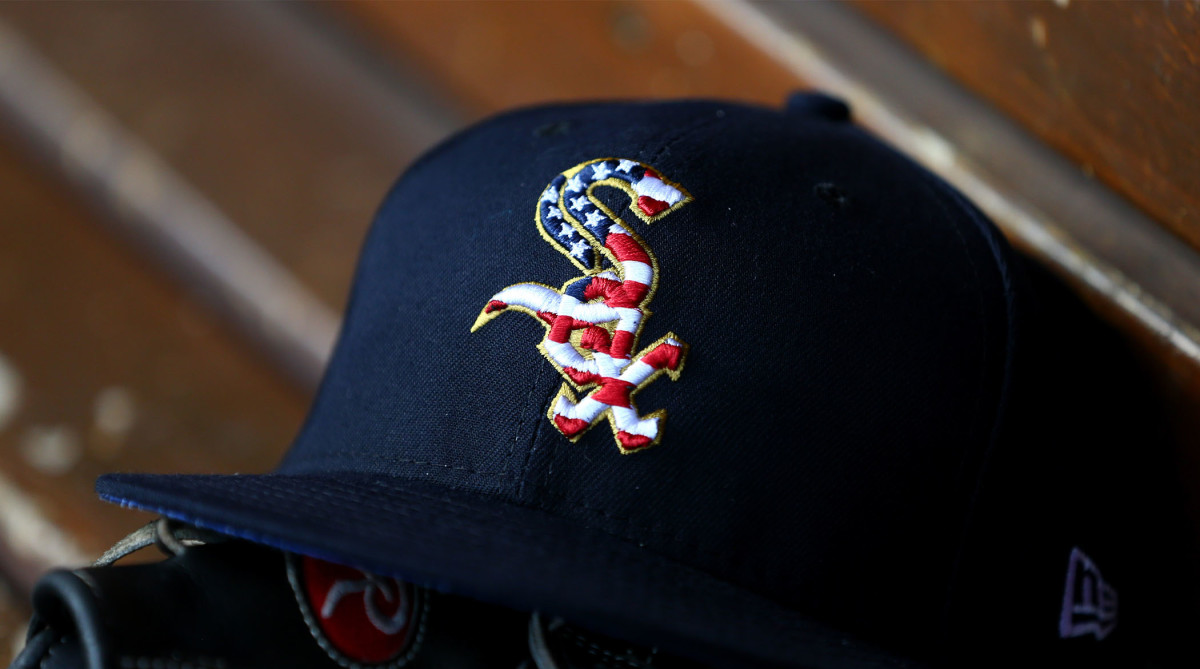Jul 3, 2018; Cincinnati, OH, USA; A view of the American flag in the Sox logo on an official White Sox New Era on field hat during the game of the Chicago White Sox against the Cincinnati Reds at Great American Ball Park.