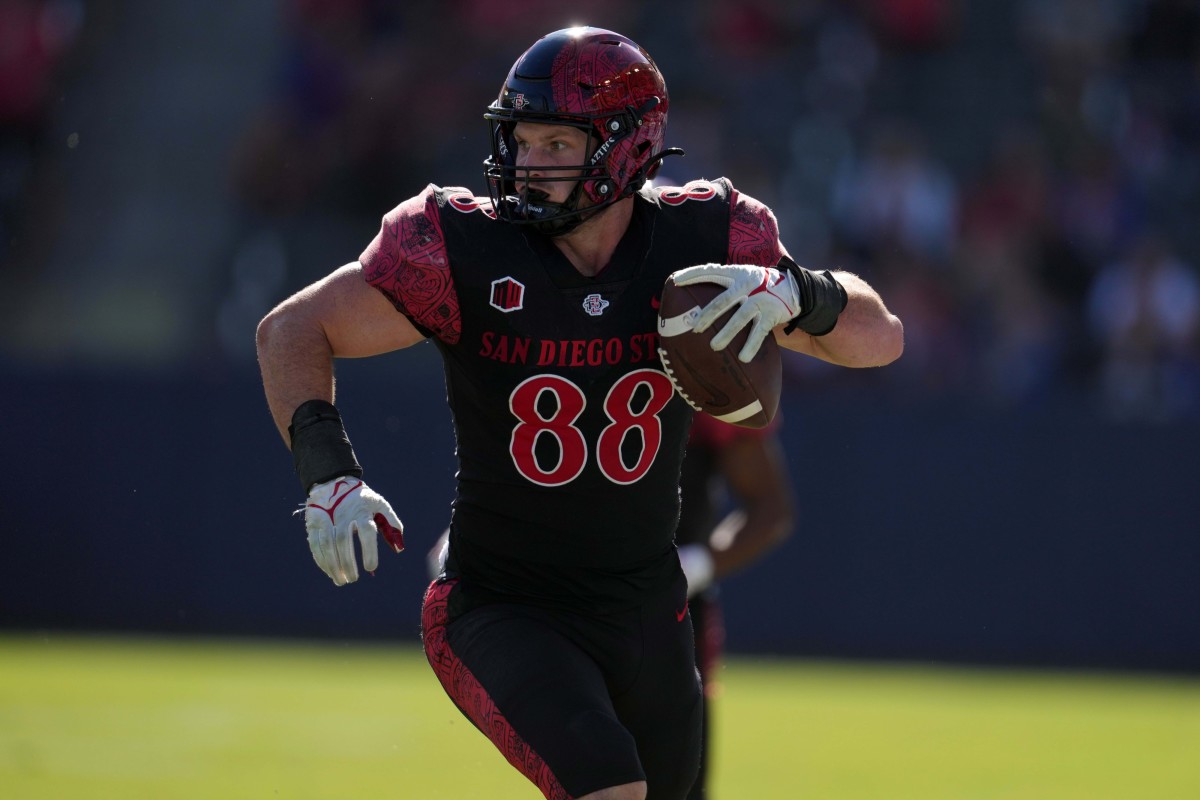 Nov 26, 2021; Carson, California, USA; San Diego State Aztecs tight end Daniel Bellinger (88) carries the ball against the Boise State Broncos in the second half at Dignity Health Sports Park. San Diego State defeated Boise State 27-16.