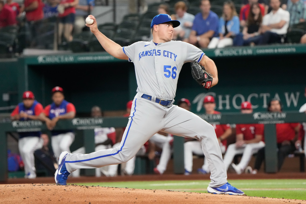 May 10, 2022; Arlington, Texas, USA; Kansas City Royals starting pitcher Brad Keller (56) delivers a pitch to the Texas Rangers during the first inning of a baseball game at Globe Life Field. Mandatory Credit: Jim Cowsert-USA TODAY Sports