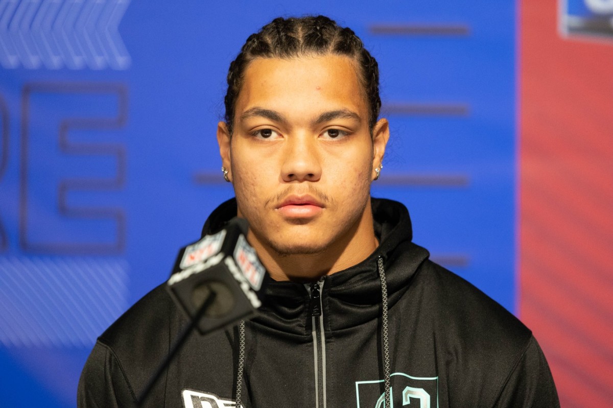 Mar 5, 2022; Indianapolis, IN, USA; Iowa defensive back Dane Belton (DB42) talks to the media during the 2022 NFL Scouting Combine at Lucas Oil Stadium.