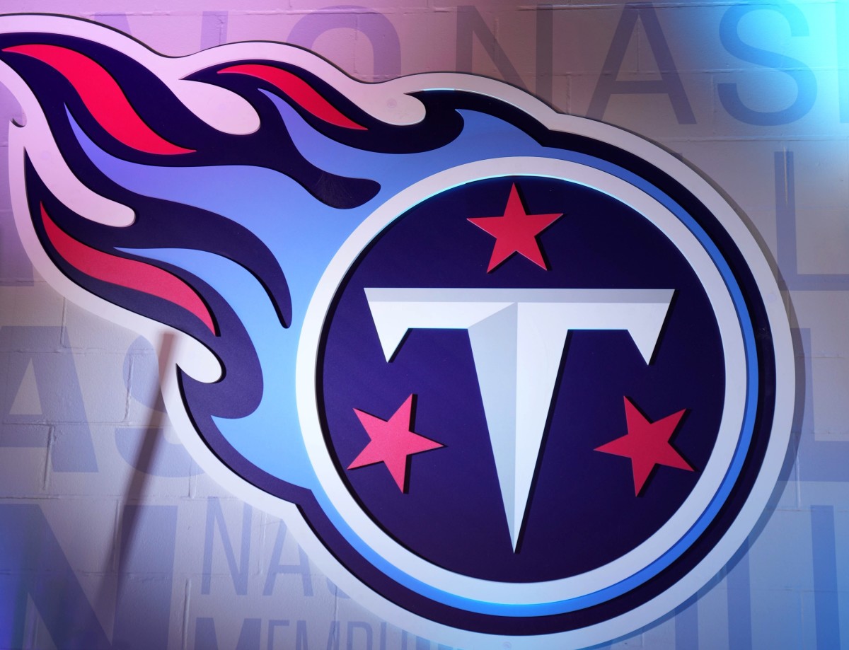 A detailed view of aTennessee Titans logo during a AFC Divisional playoff football game at Nissan Stadium.