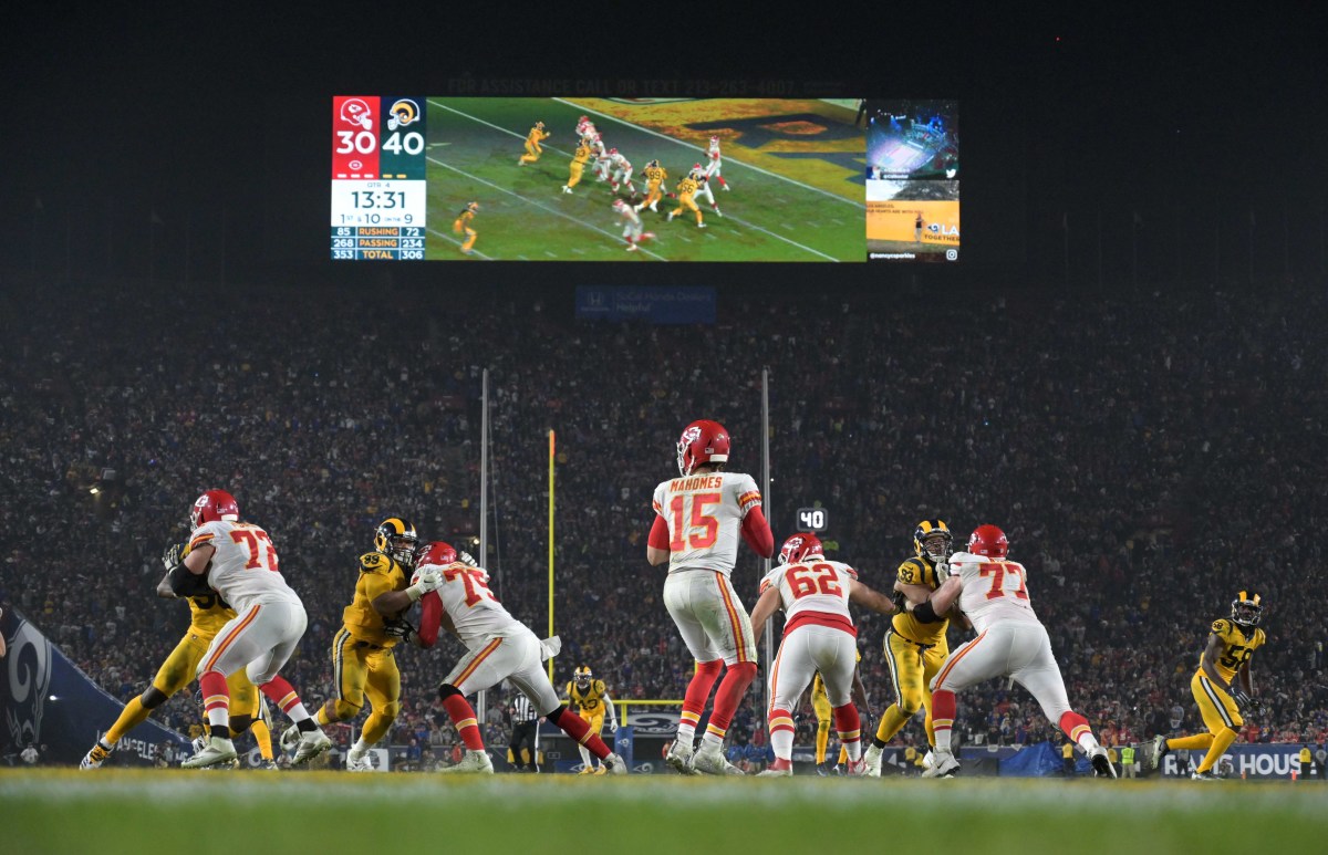 Nov 19, 2018; Los Angeles, CA, USA; General overall view as Kansas City Chiefs quarterback Patrick Mahomes (15) throws a pass in the fourth quarter against the Los Angeles Ramsat the Los Angeles Memorial Coliseum. The Rams defeated the Chiefs 54-51. Mandatory Credit: Kirby Lee-USA TODAY Sports