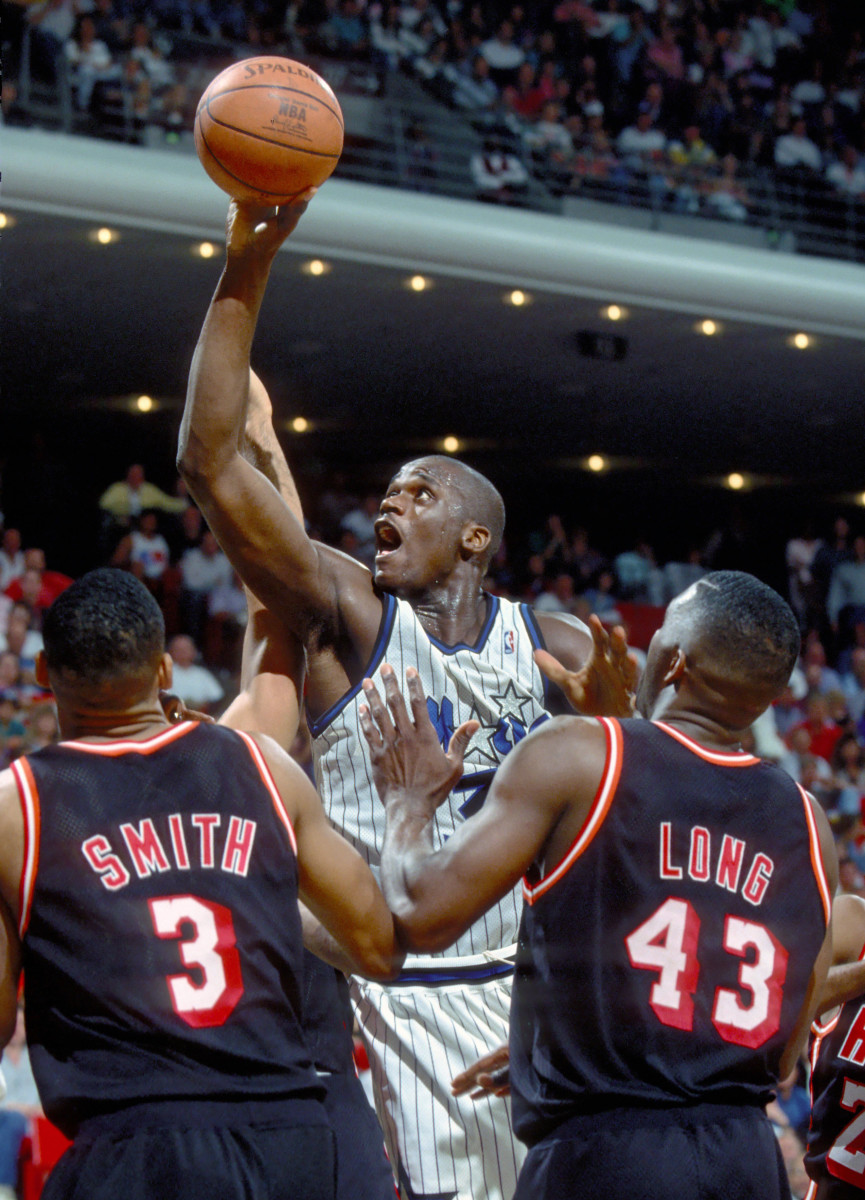 Shaquille O'Neal of the Orlando Magic in action against the Miami Heat at the Orlando Arena during the 1993 season.